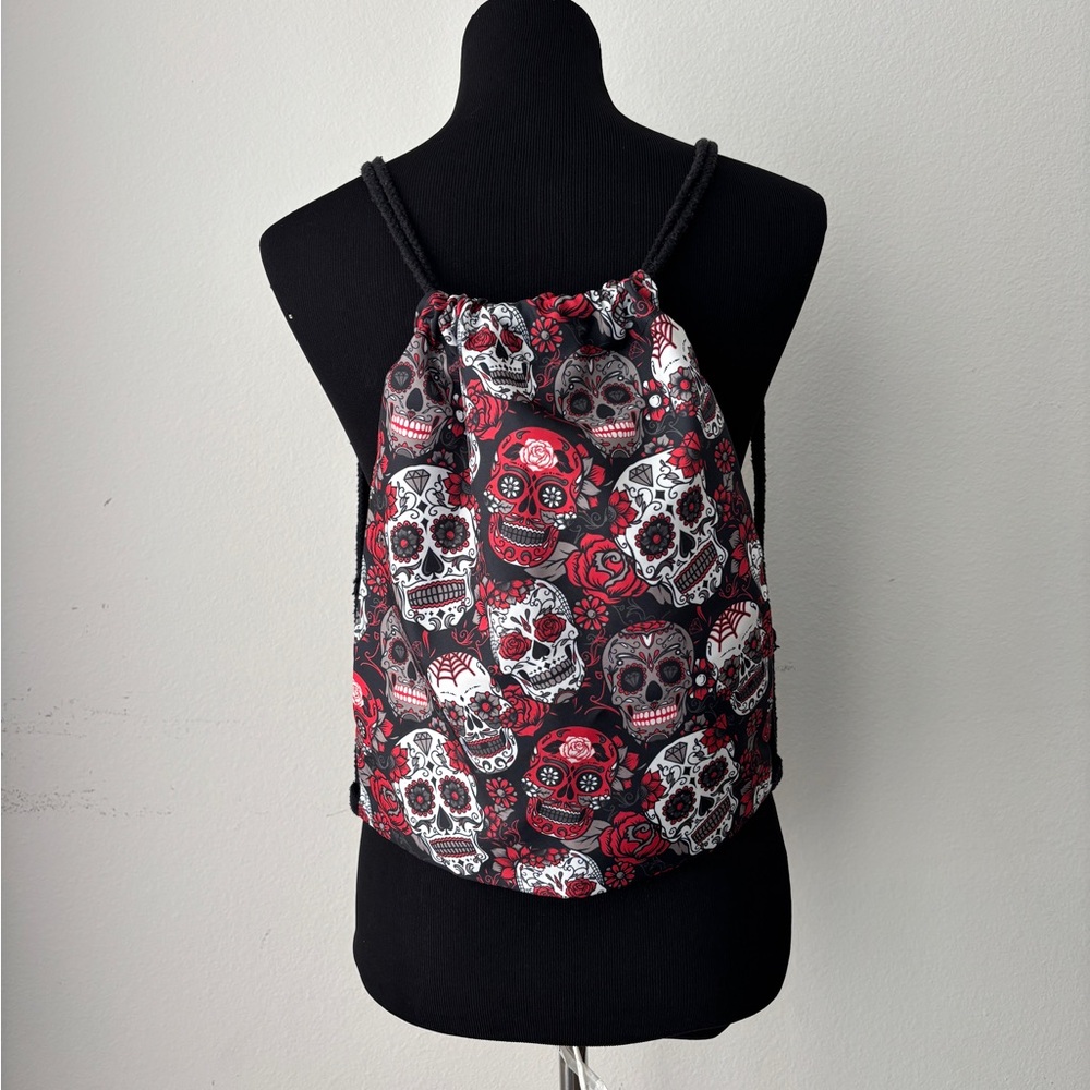 Sugar Skull Drawstring Backpack in Black, Red & White